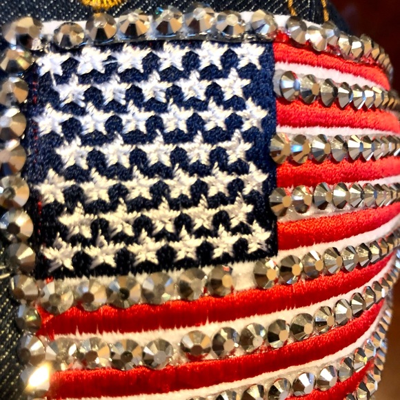 PATRIOTIC DENIM BASEBALL HAT CAP AMERICAN FLAG WITH RHINESTONES DIAMOND ACCENT - Picture 6 of 14